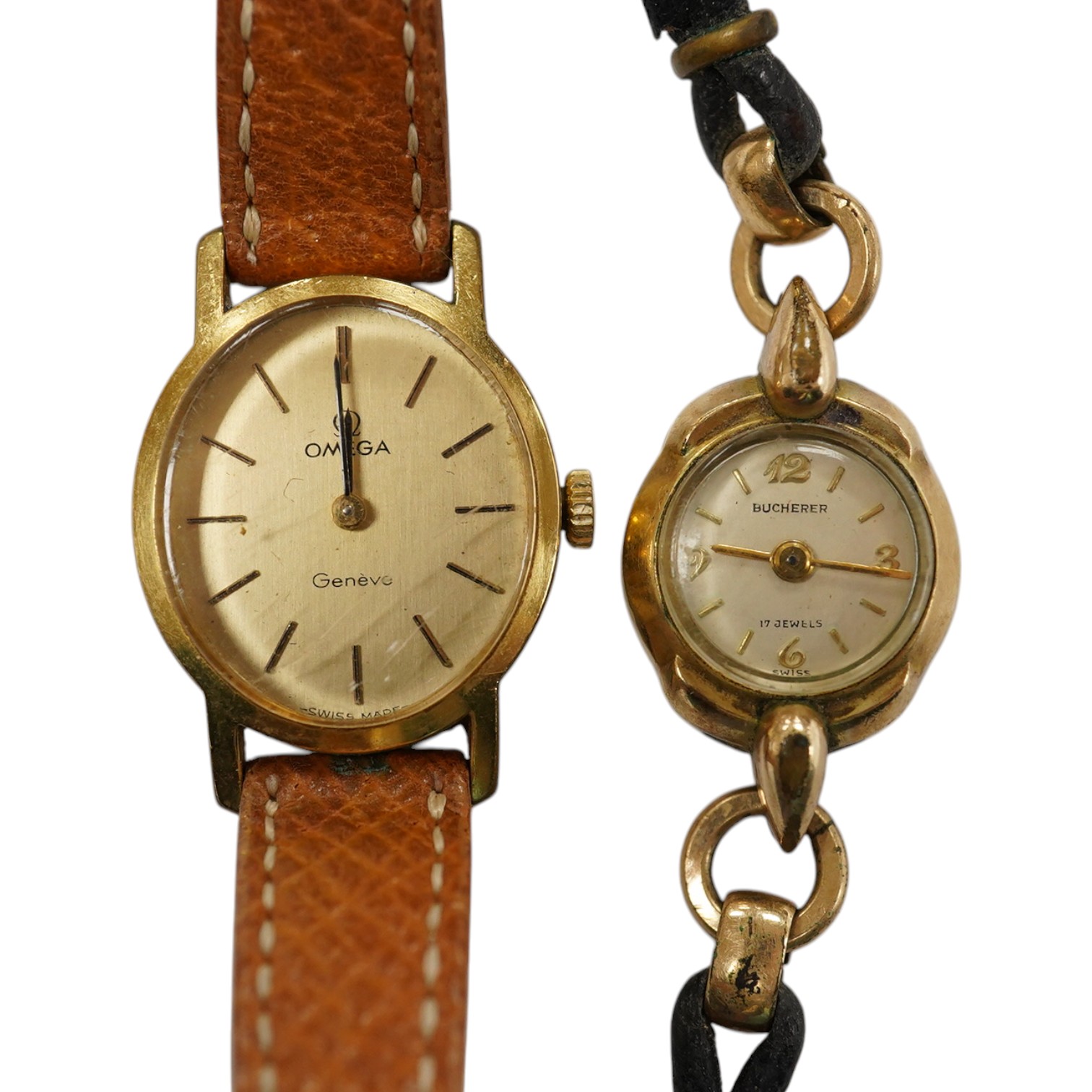 A lady's steel and gold plated Omega manual wind wrist watch, on an associated leather strap, together with a lady rolled gold Bucherer wrist watch. Condition - poor